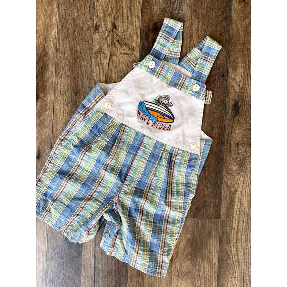 Vintage Boys 3T ‘Wave Rider’ Embroidered Plaid Romper - Picture 1 of 6